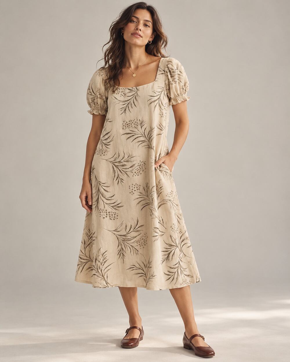 BURU Hampton Puff Sleeve Botanical Midi Dress Neutral Size Small